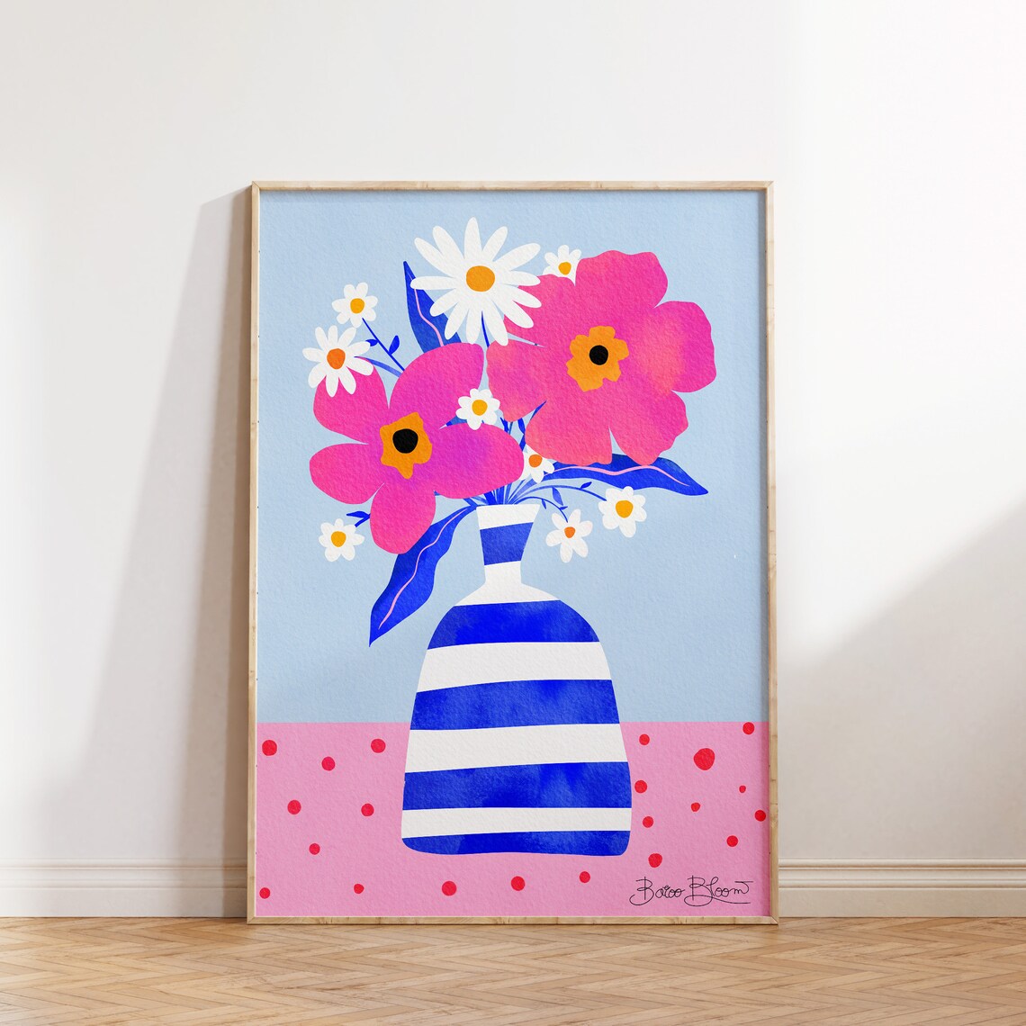 Maximalist Pink Flowers in a Striped Vase Art Print - Image 4