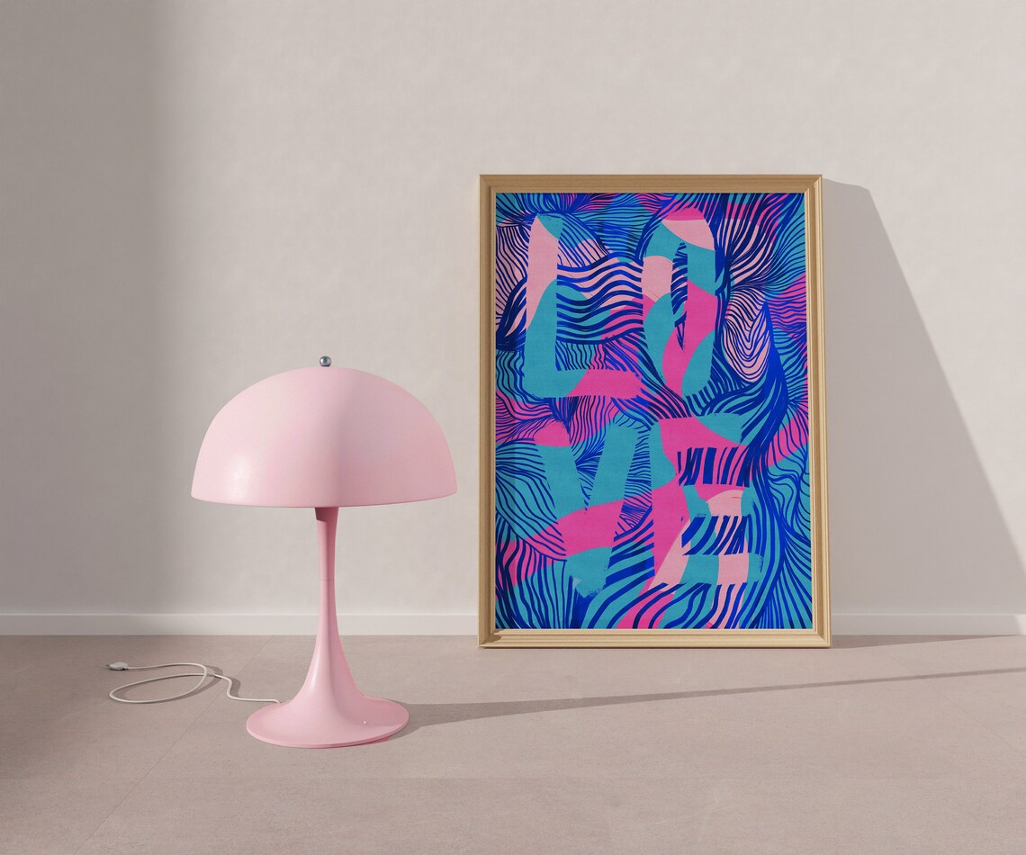 Colorful Love Typography Abstract Pink Blue Maximalist Art Poster - Image 2