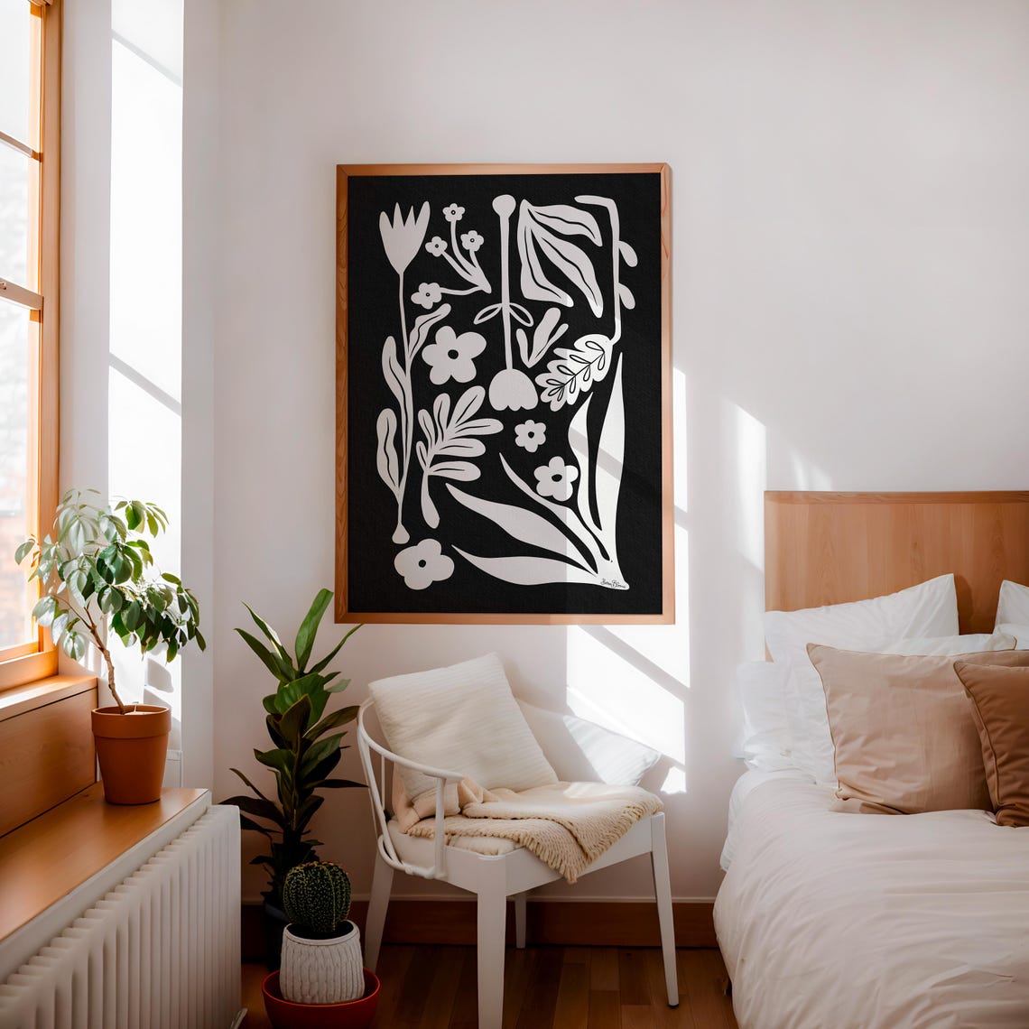 Modern Black And White Nordic Floral Cutout Botanical Art Poster - Image 2