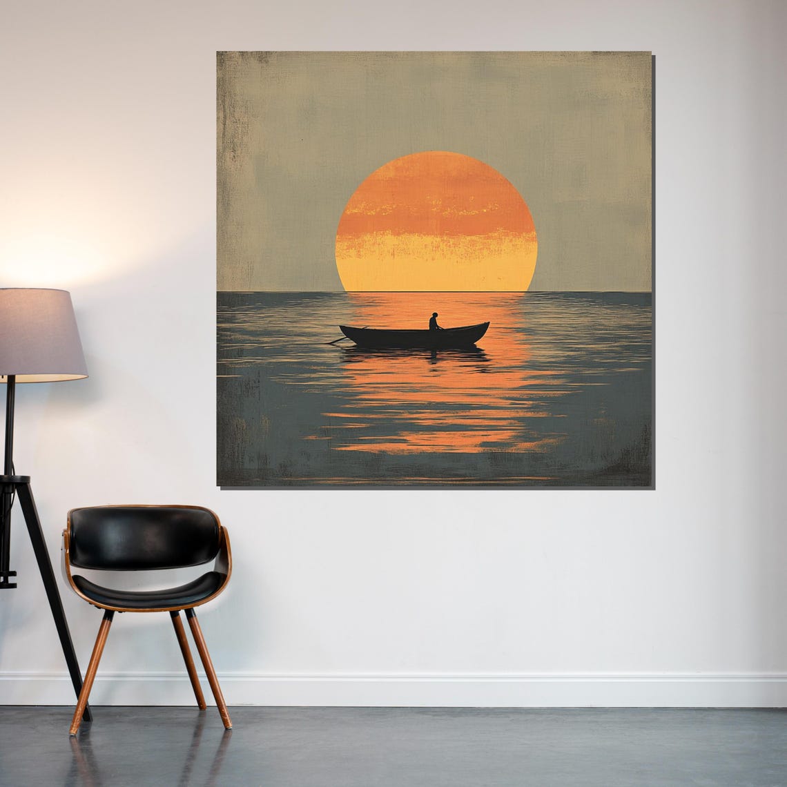 Lone Fisherman Rowboat Under Giant Orange Sun Minimalist Poster - Image 2