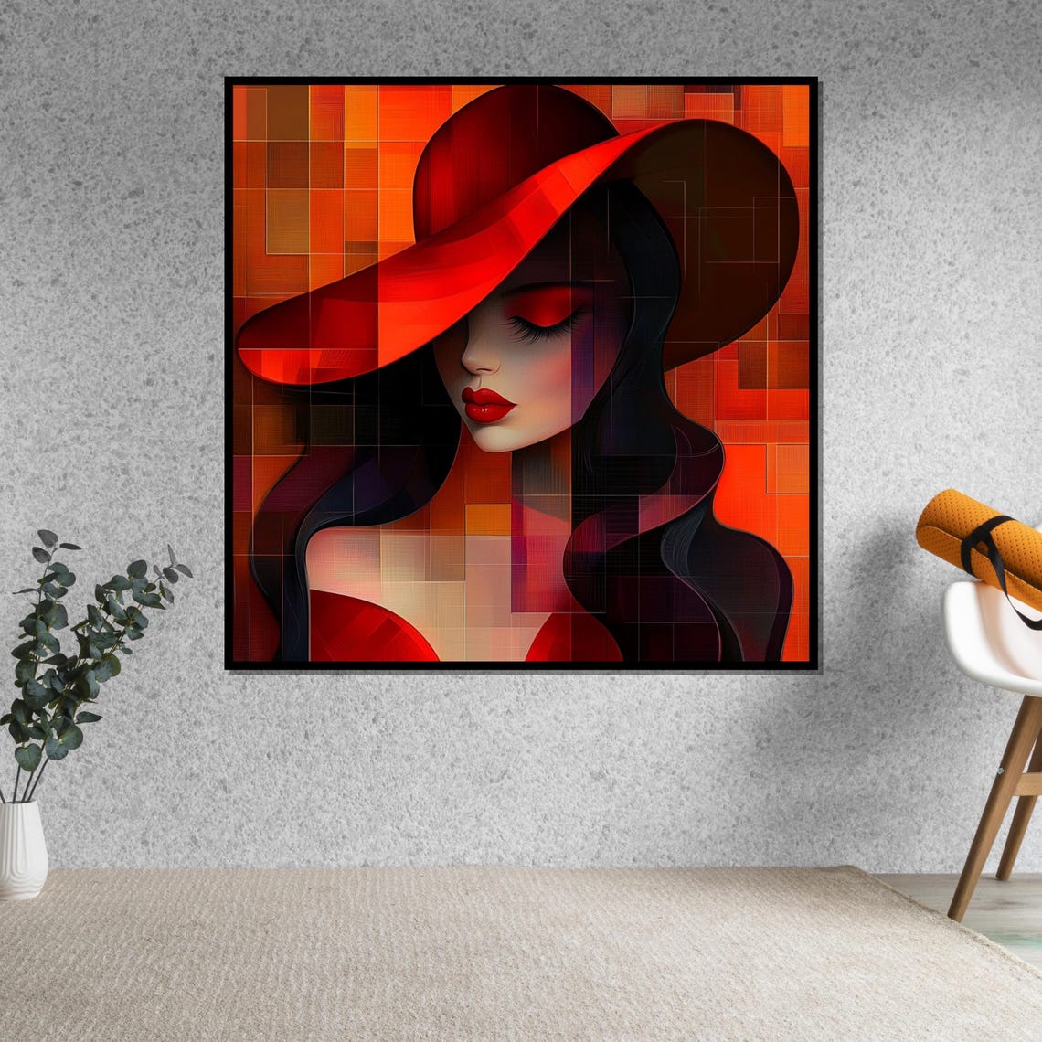 Woman In Red Hat On Fiery Mosaic Background Bold Abstract Poster - Image 5