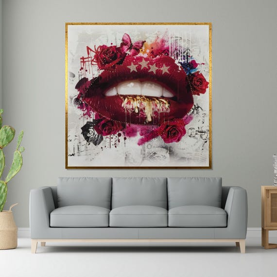 Golden Lips Floral Burst Art Pink Butterfly Print Modern Wall Art Design Ready To Hang Decoration