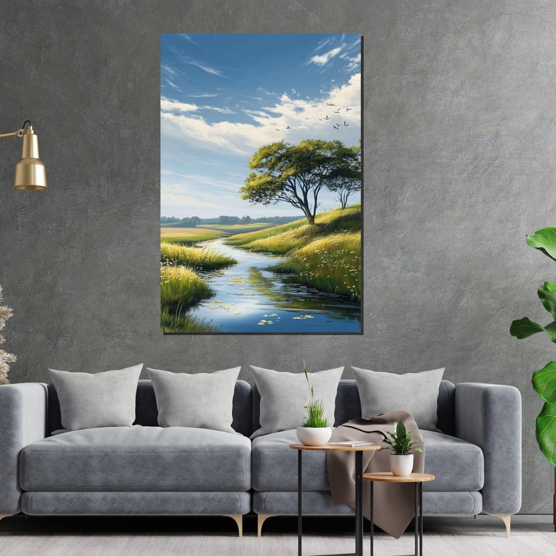 Tranquil River Meadow With Lone Tree and Birds Nature Poster - Image 2