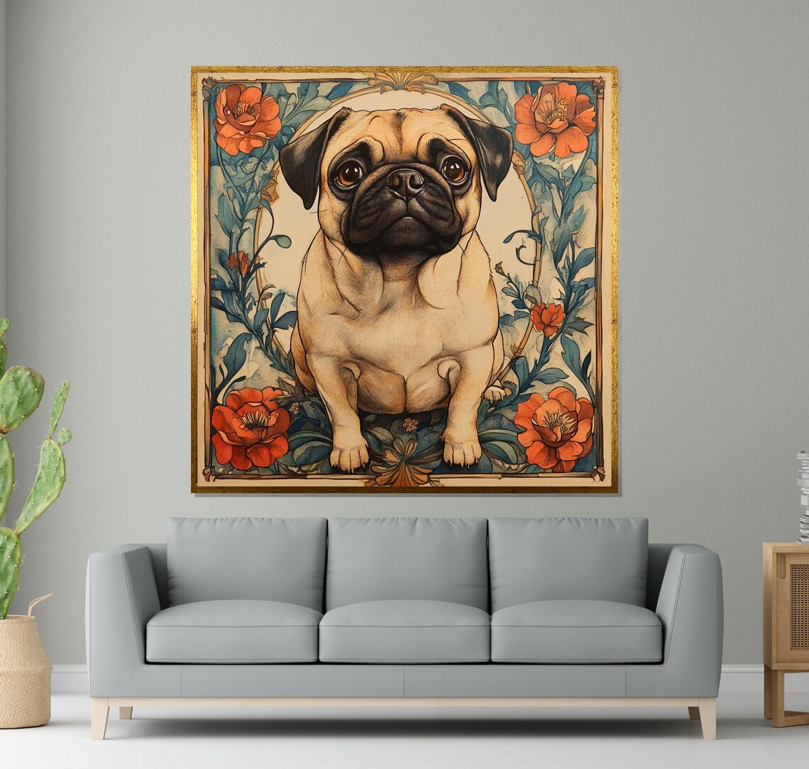 Pug Puppy In Art Nouveau Floral Frame Adorable Dog Portrait Poster