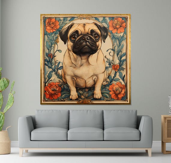 Pug Adorable Dog Wall Art Floral Dog Print Pet Poster Wall Art Design Ready To Hang Cute Dog Decor
