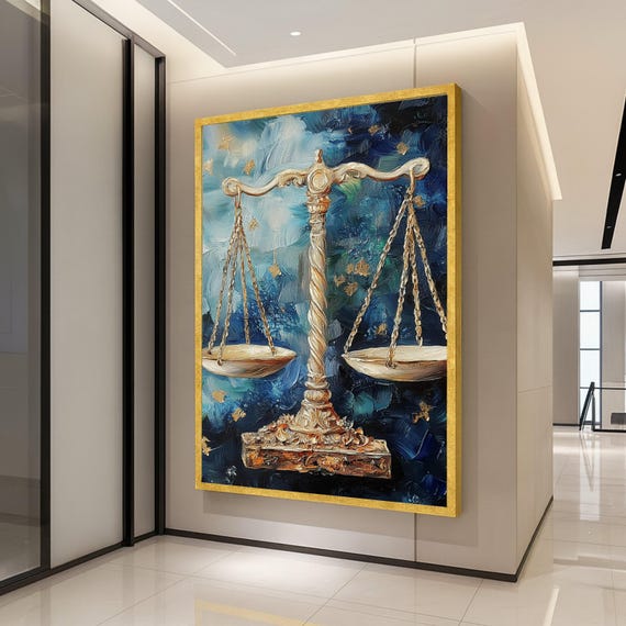 Golden Justice Scales Canvas Wall Art Abstract Blue Background Legal Symbol Decor Palette Knife Painting Modern Home Ready To Hang