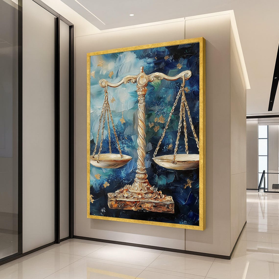 Golden Scales Of Justice Abstract Blue Background Legal Art Poster