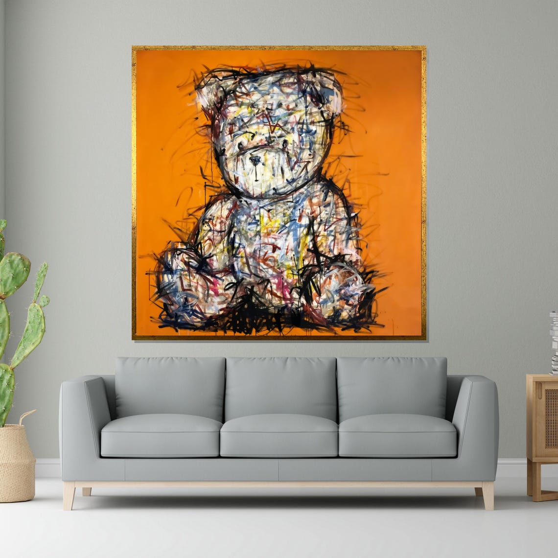 Scribble Teddy Bear Orange Background Playful Abstract Art Poster