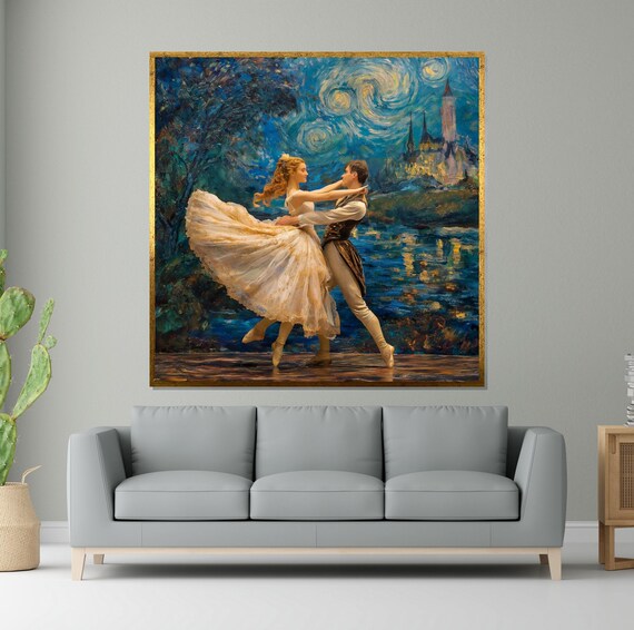 Ballet Couple Dancing Under Swirling Starry Night Sky Art Poster