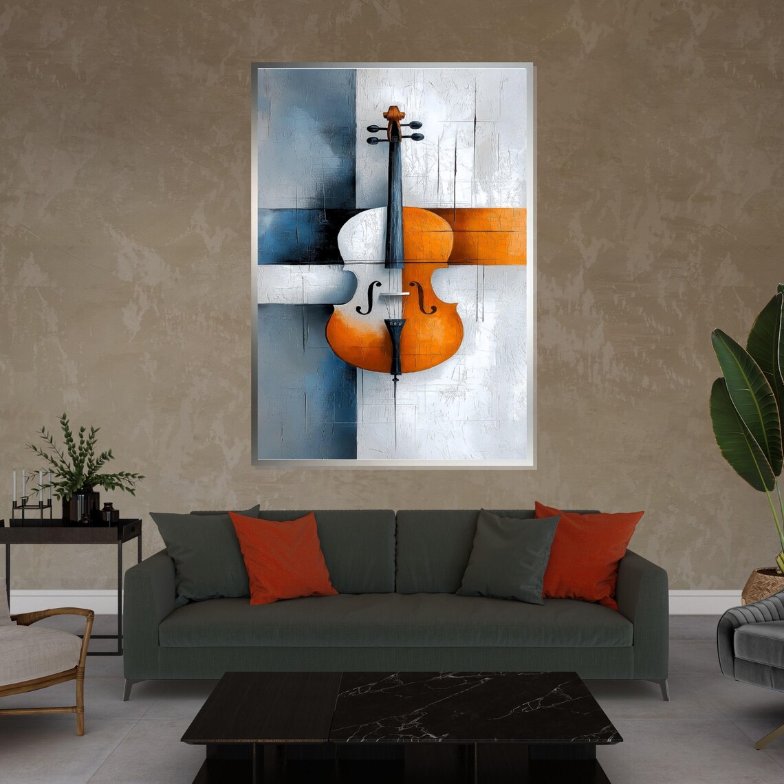 Abstract Cello Painting Blue Orange and White Modern Music Poster - Image 4