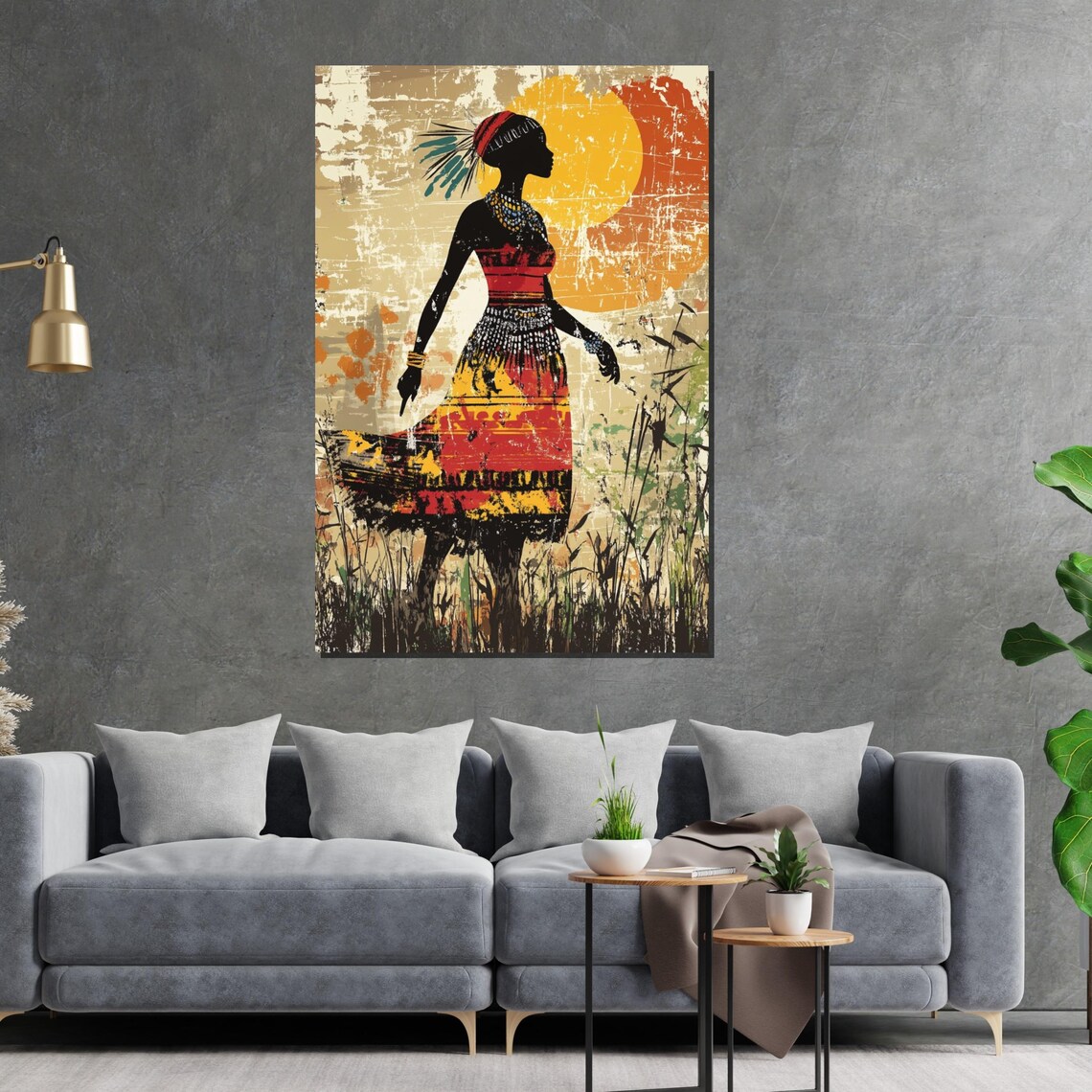 Tribal Woman Sunset Silhouette Colorful Dress Grunge Art Poster - Image 2