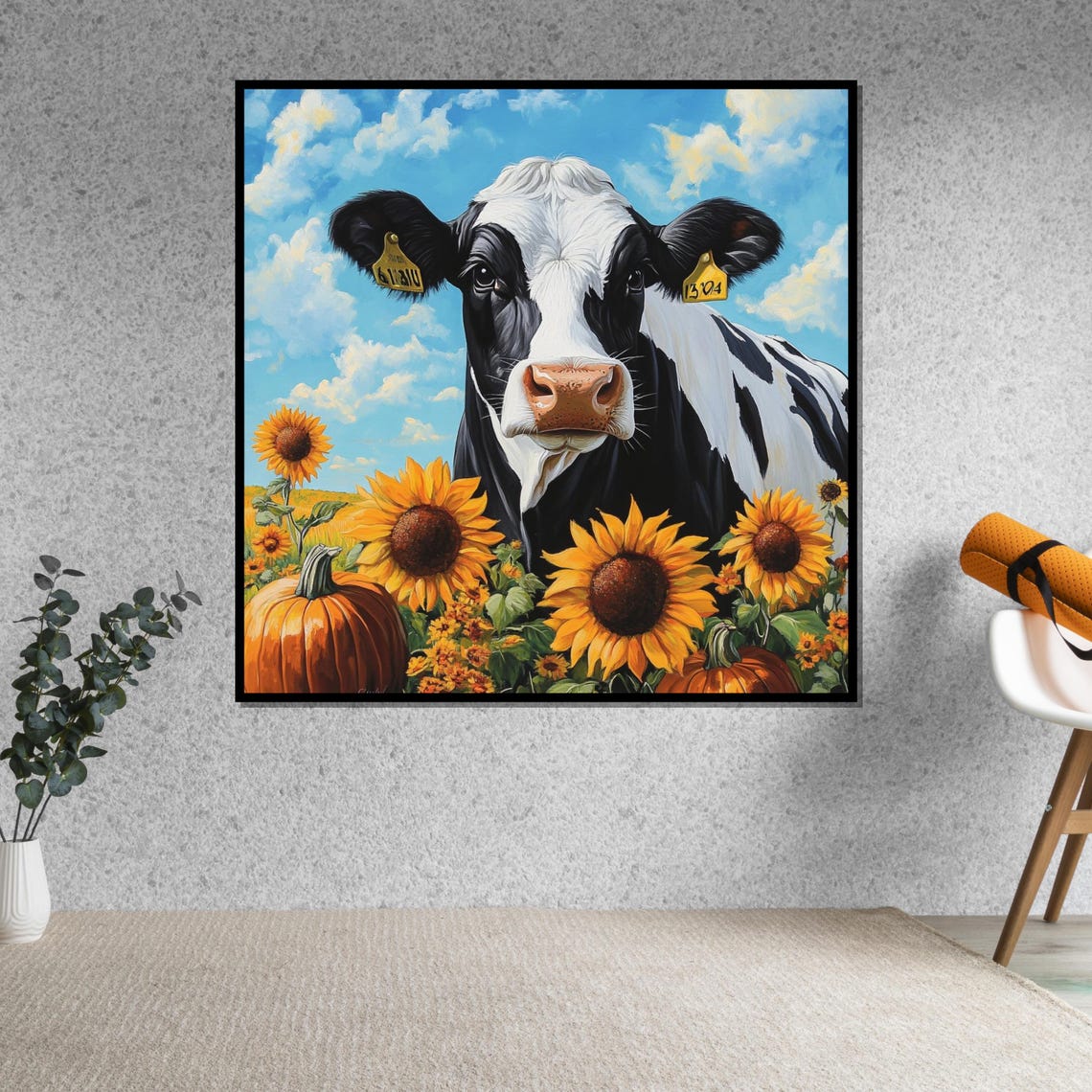 Cow Sunflowers Pumpkins Cheerful Farm Harvest Fall Art Poster - Image 5
