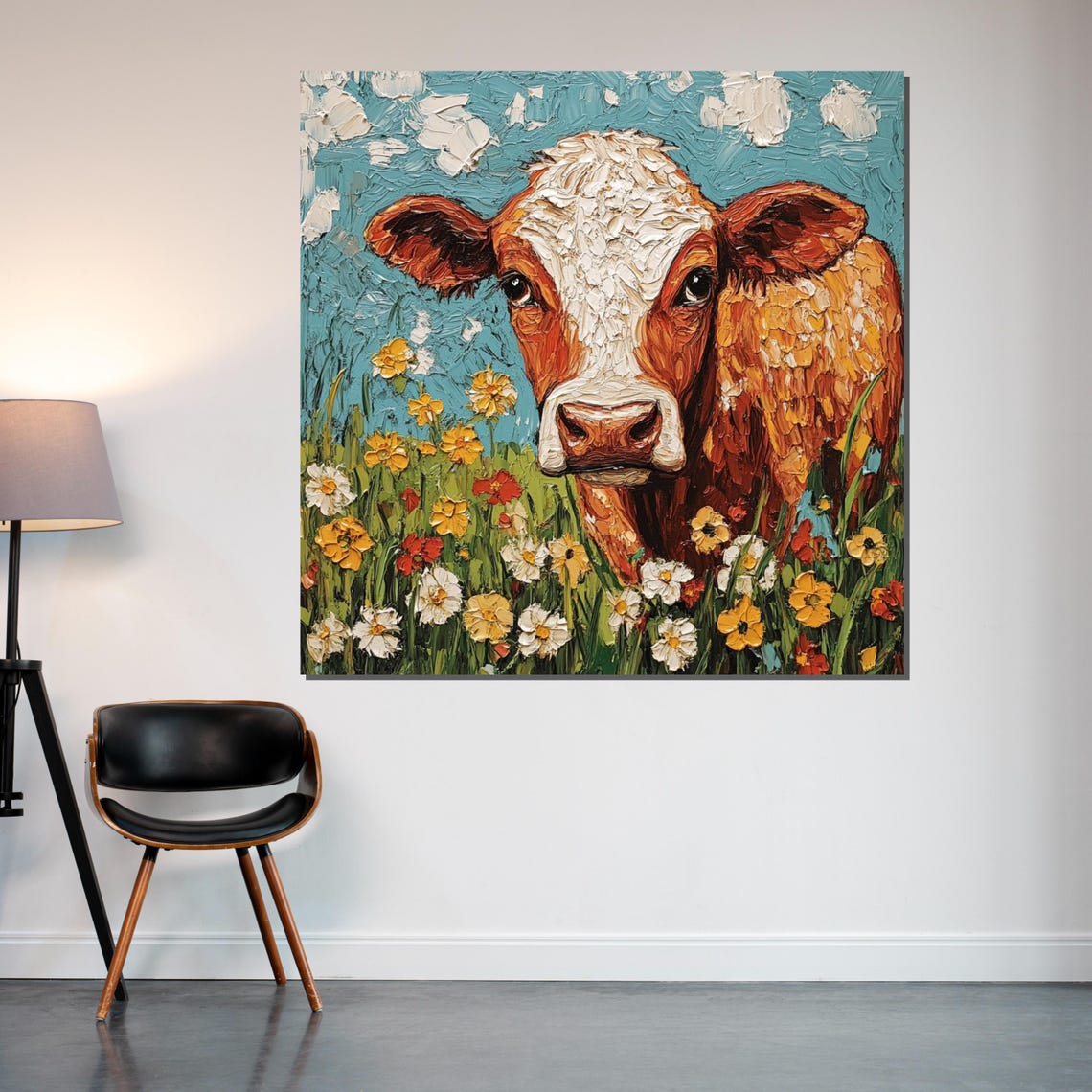 Brown Cow Close Up Wildflower Meadow Textured Impasto Art Poster - Image 2