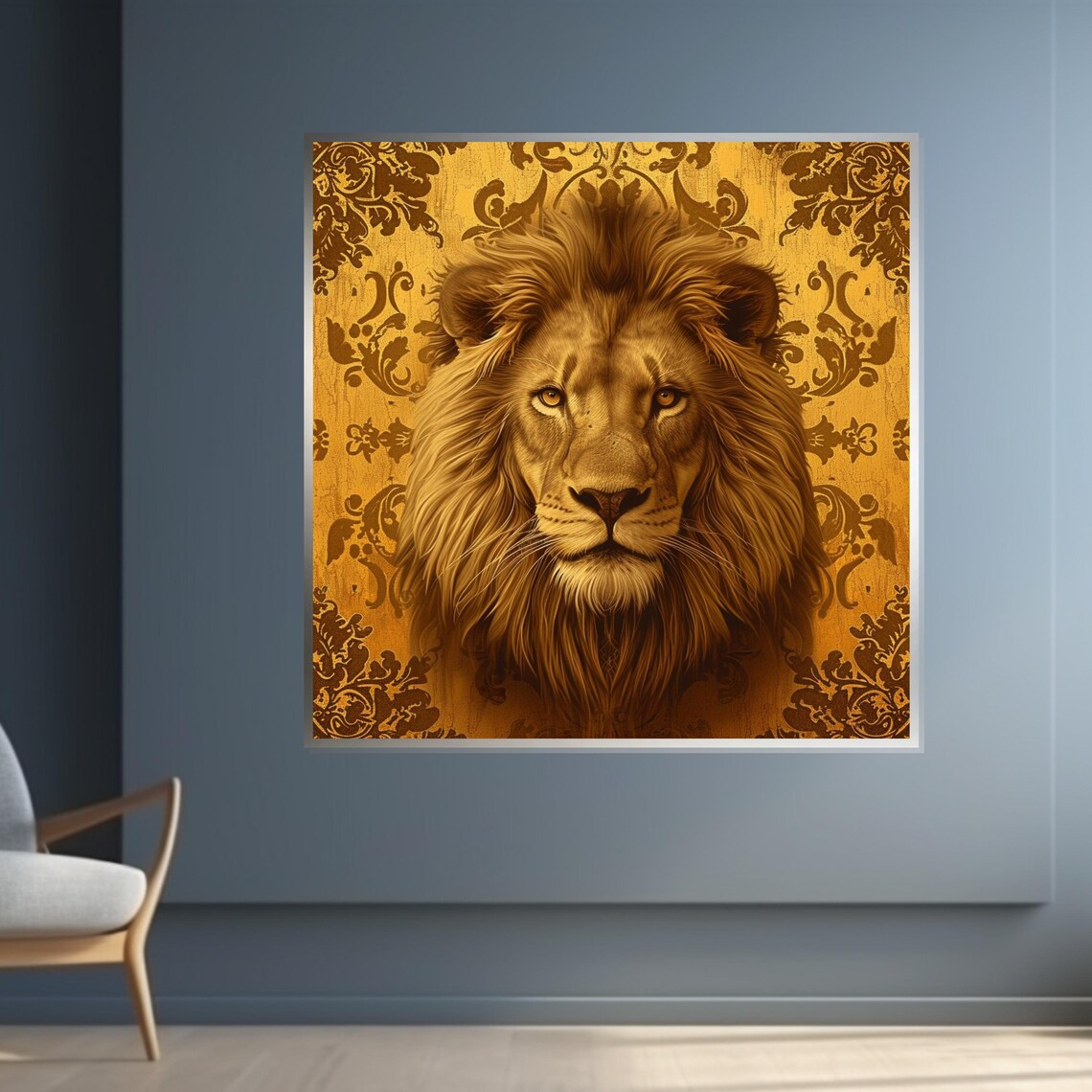 Golden Lion Portrait Ornate Damask Background Regal Art Poster - Image 4