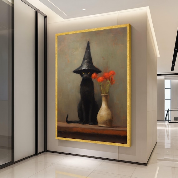Witch Cat Canvas Print Black Wall Art With Hat Gothic Decor Ready To Hang Halloween Decoration