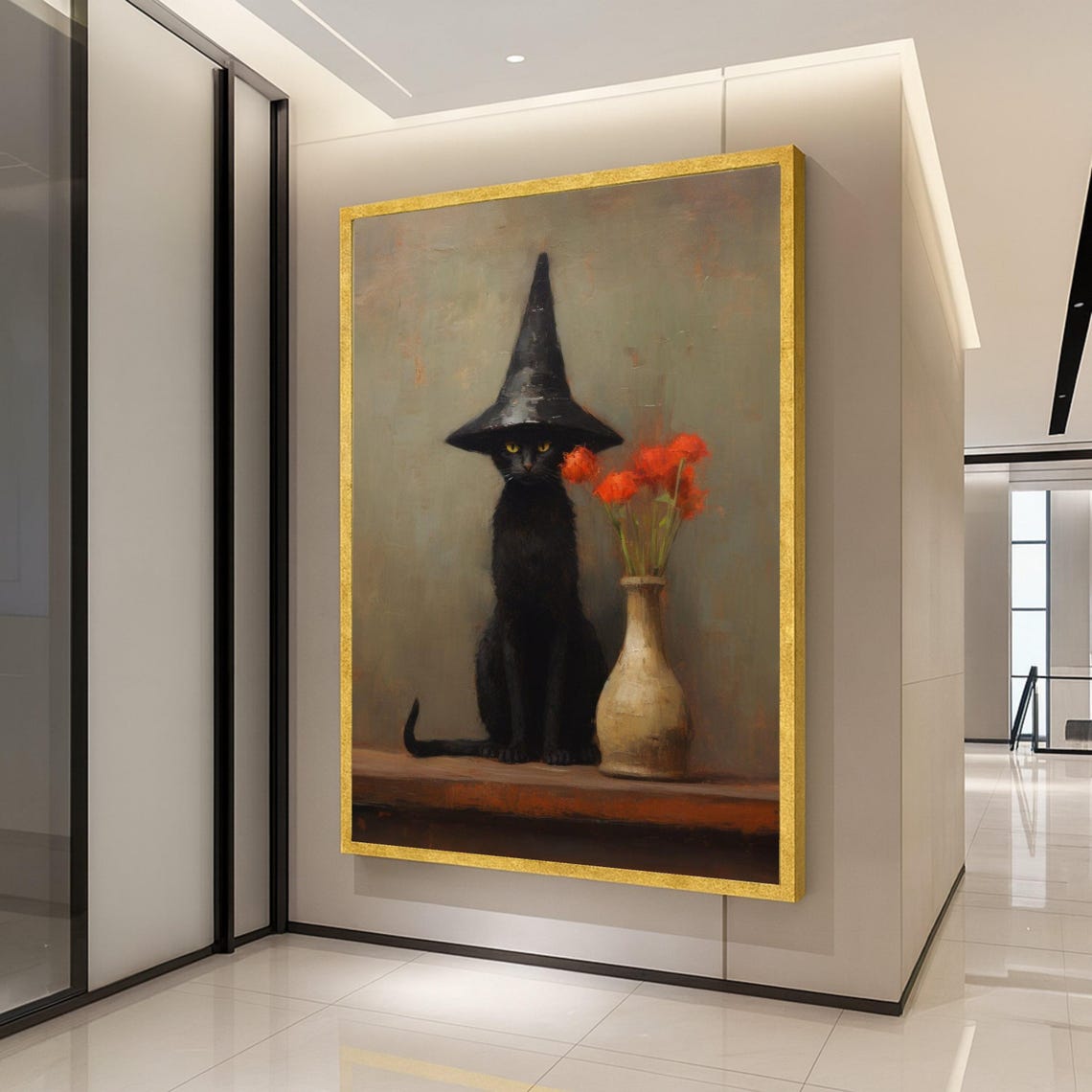 Black Cat in Witch Hat Halloween Gothic Funny Cat Art Poster