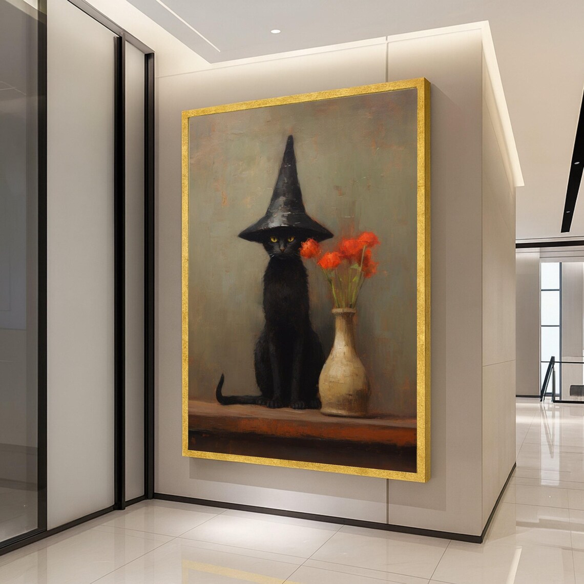 Witch Cat Canvas Print Black Wall Art With Hat Gothic Decor Ready To Hang Halloween Decoration