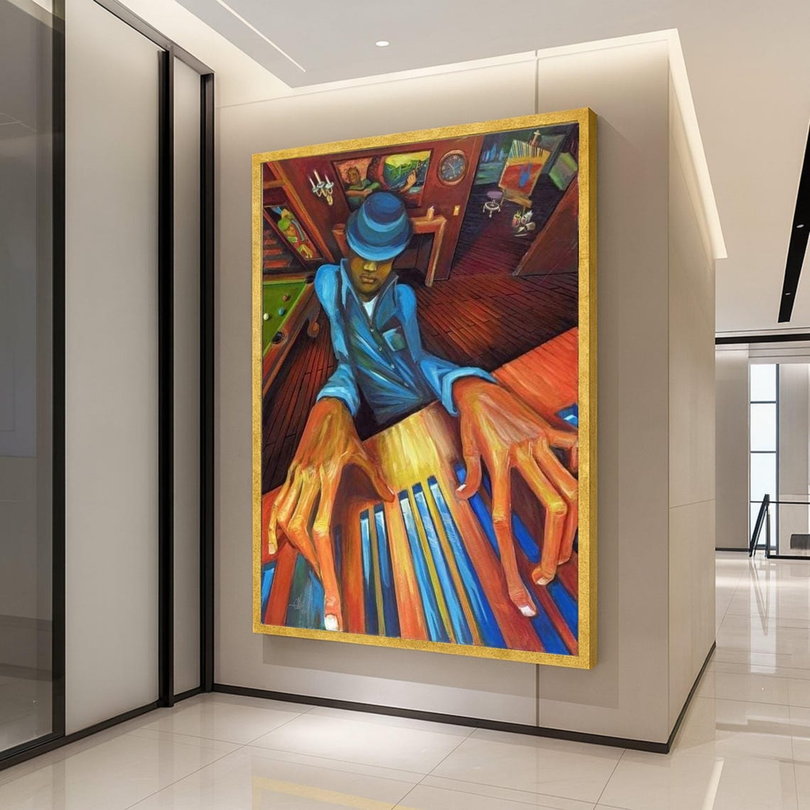 Jazz Piano Player Blue Hat Colorful Abstract Musician Painting Poster
