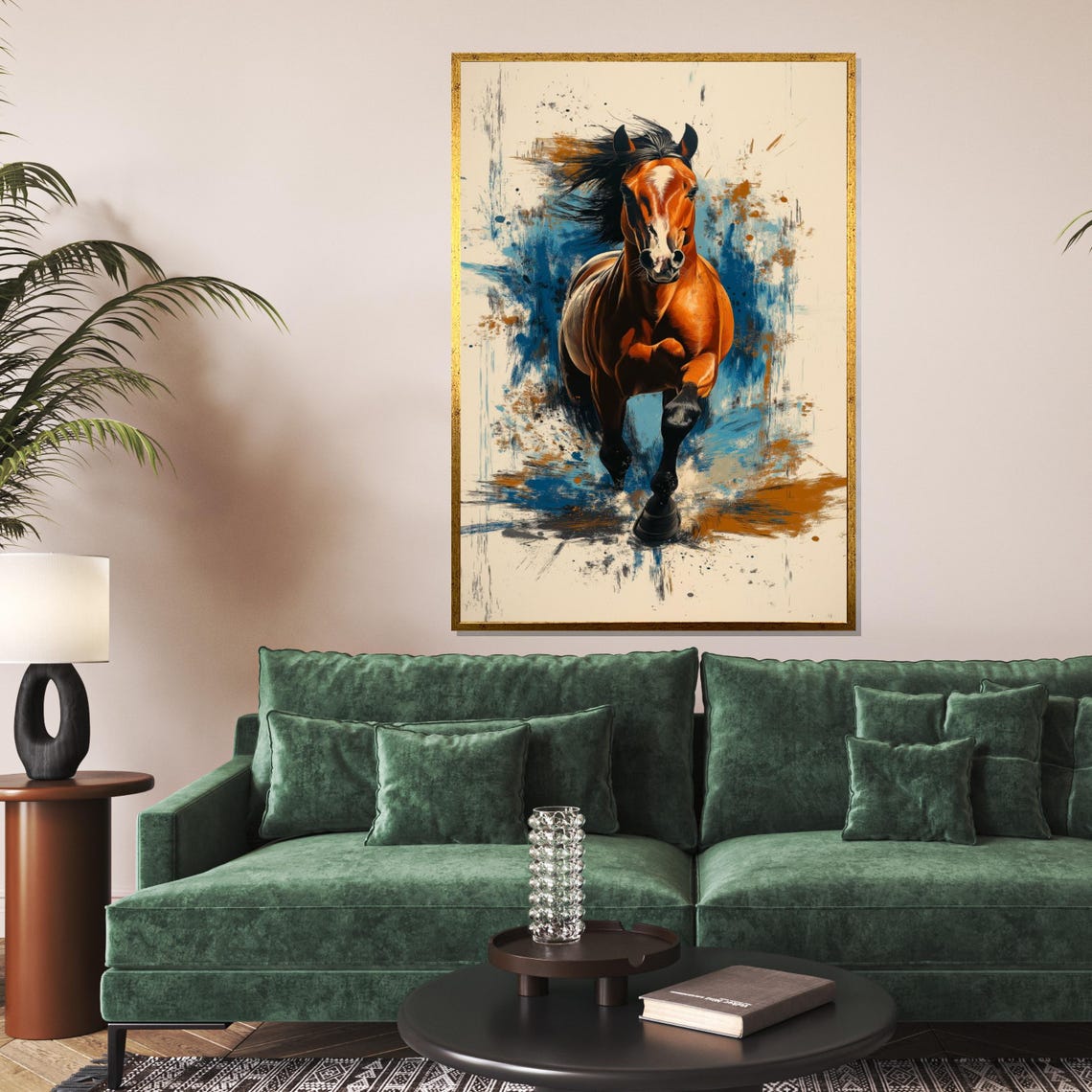 Chestnut Horse Galloping Forward Blue Orange Splash Equine Poster