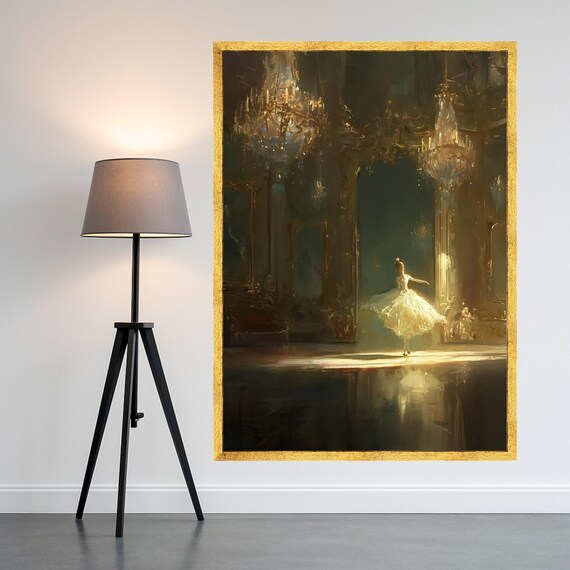 Elegant Ballerina Dancing Vintage Ballroom Scene Canvas Soft Light Ballet Art Classical Dance Wall Decor Luxurious Home Ready To Hang