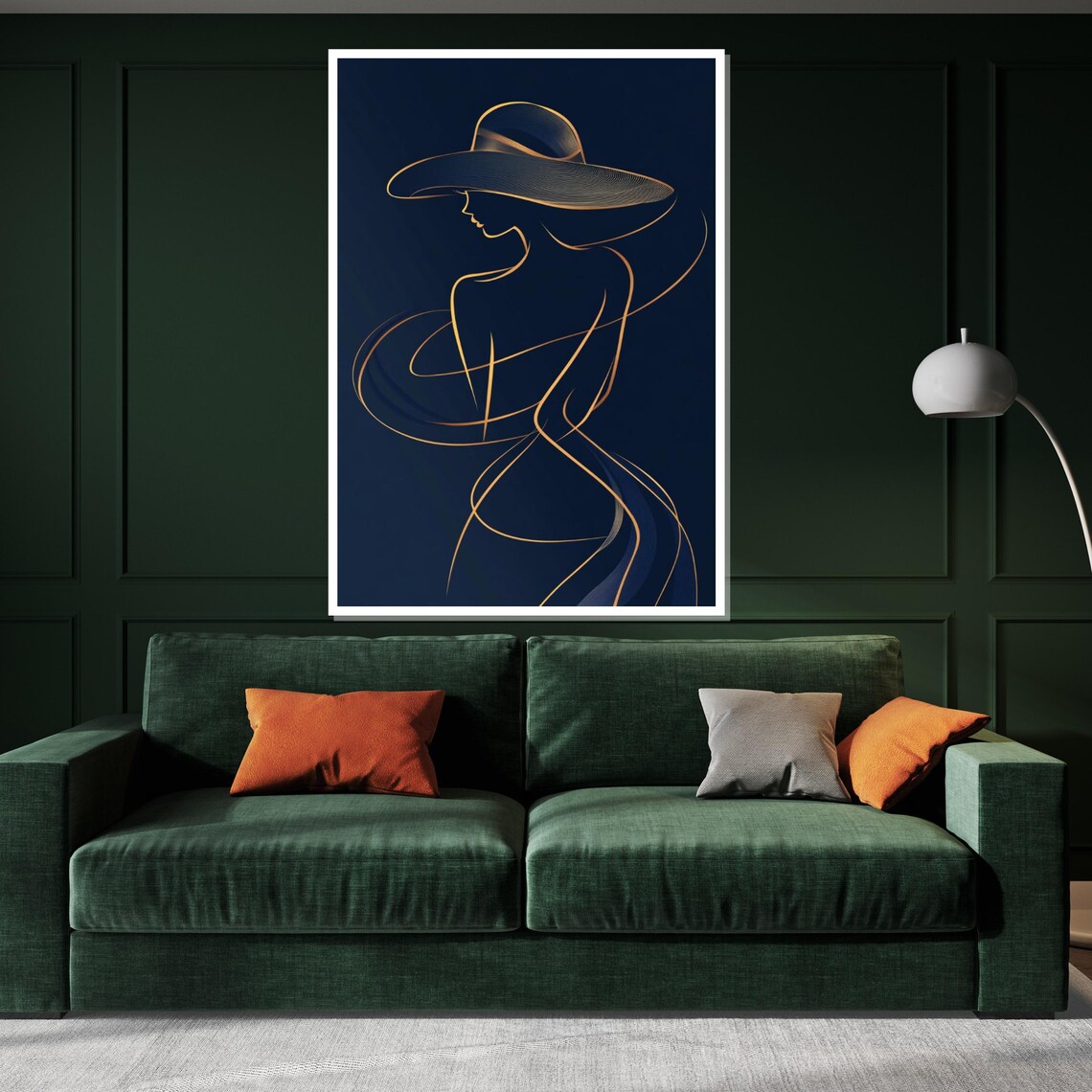 Golden Line Art Woman In Hat On Deep Navy Modern Minimal Style Poster - Image 2