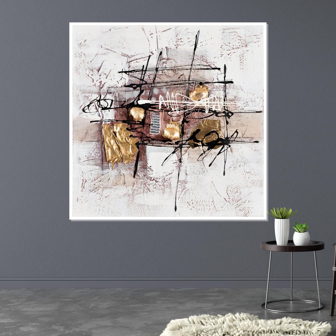 White Abstract Gold Leaf Accents Black Ink Scribble Art Poster - Image 3