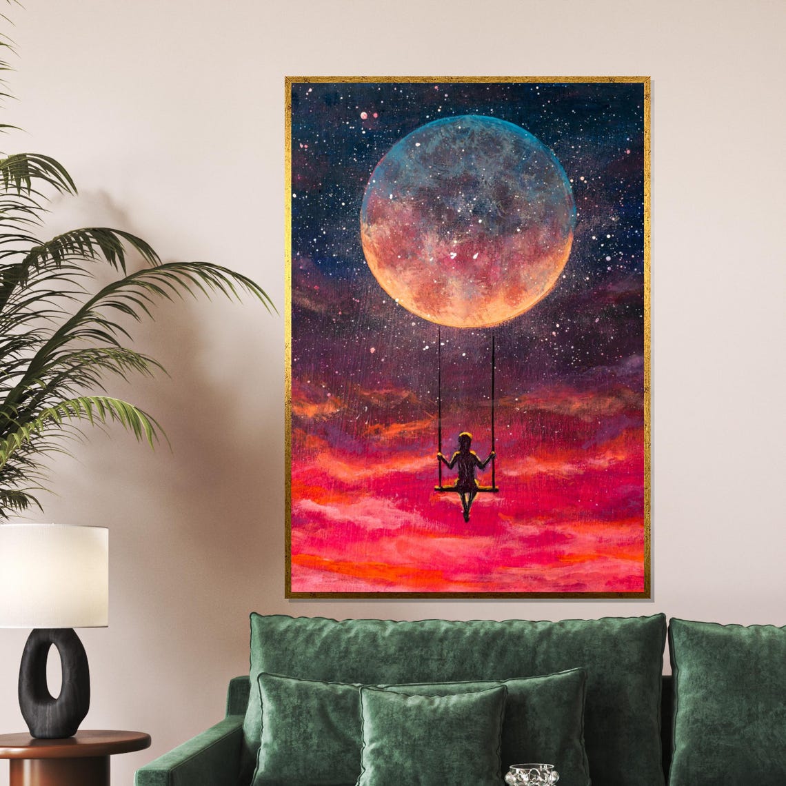 Girl On Swing Under Giant Moon Pink Clouds Dreamy Night Sky Poster