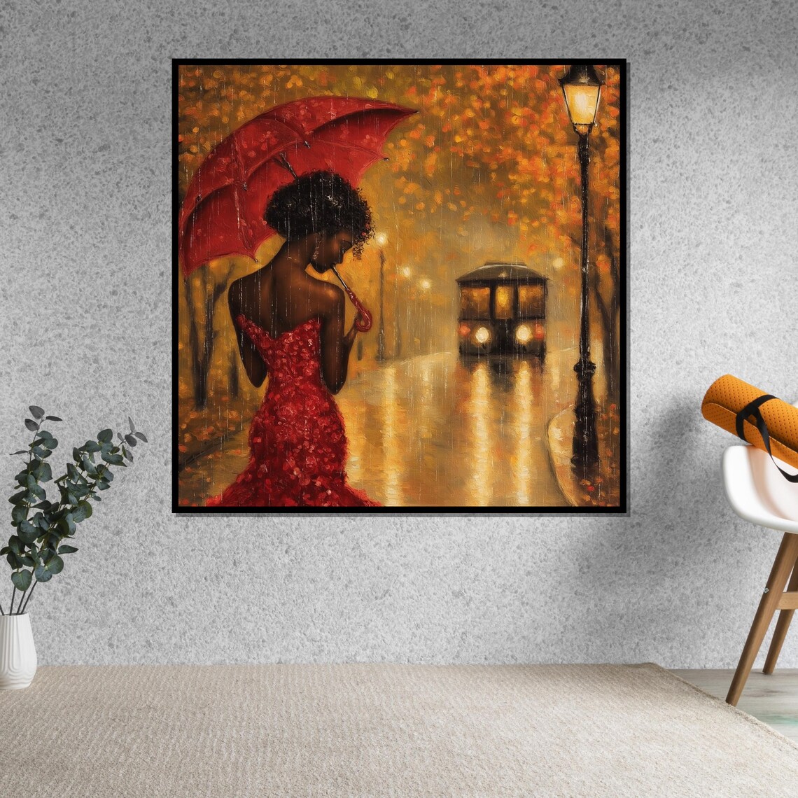 Lady In Red Dress Red Umbrella Rainy Night Street Golden Glow Poster - Image 5