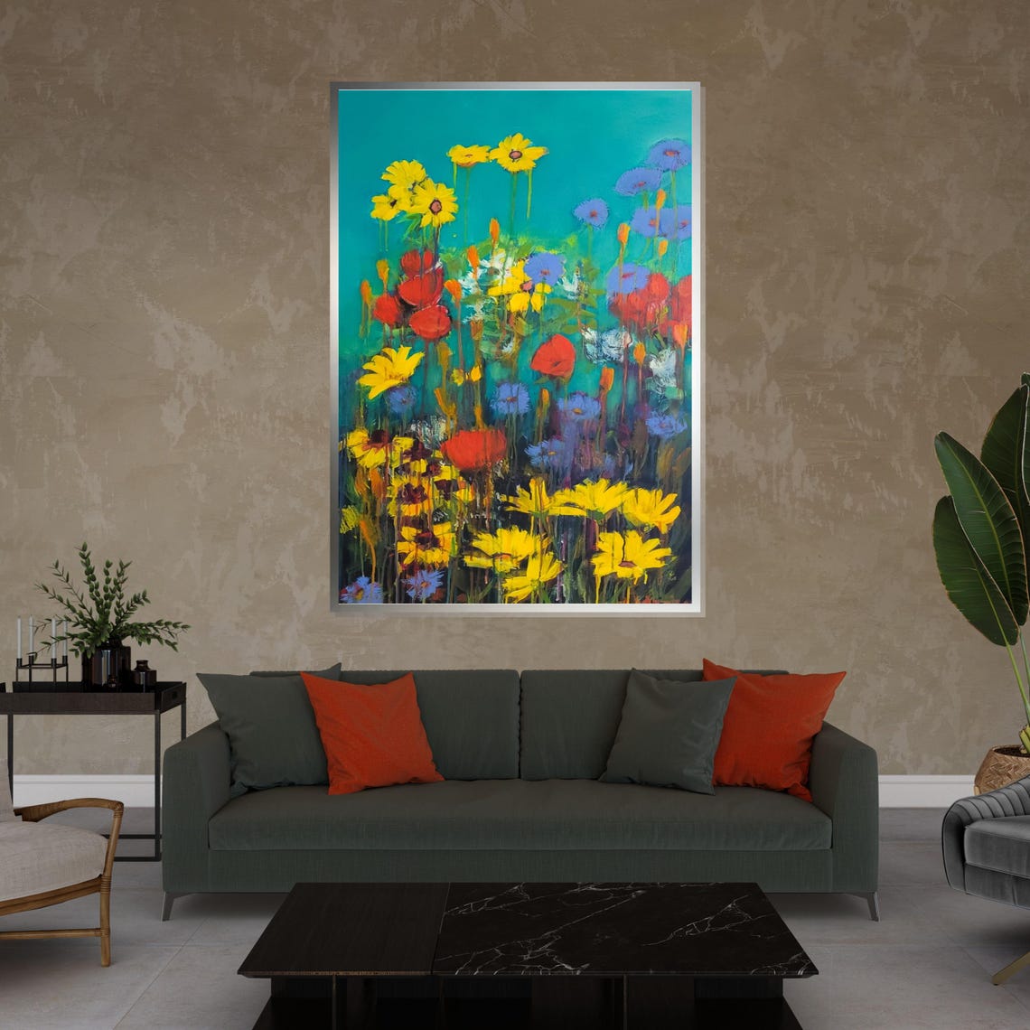 Colorful Wildflowers Teal Background Abstract Floral Art Poster - Image 4