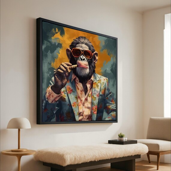 Chimpanzee in Floral Suit Sunglasses Cigar Funky Animal Poster