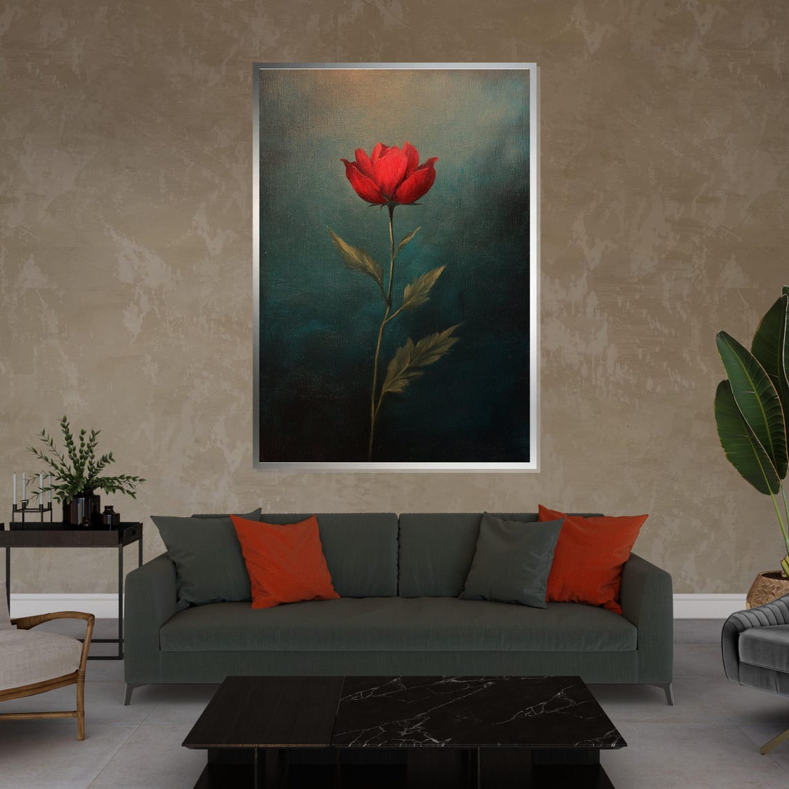 Single Red Rose On Deep Teal Moody Botanical Minimalist Wall Art - Image 4