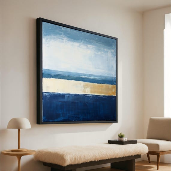 Coastal Horizon Abstract Canvas Blue And Beige Modern Wall Art Seascape Inspired Home Decor Painting Ready To Hang
