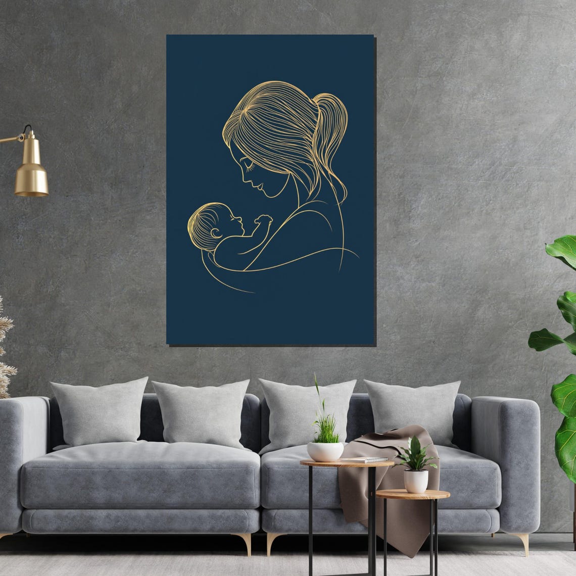 Mother And Child Gold Line Art On Navy Tender Love Minimal Poster - Image 2