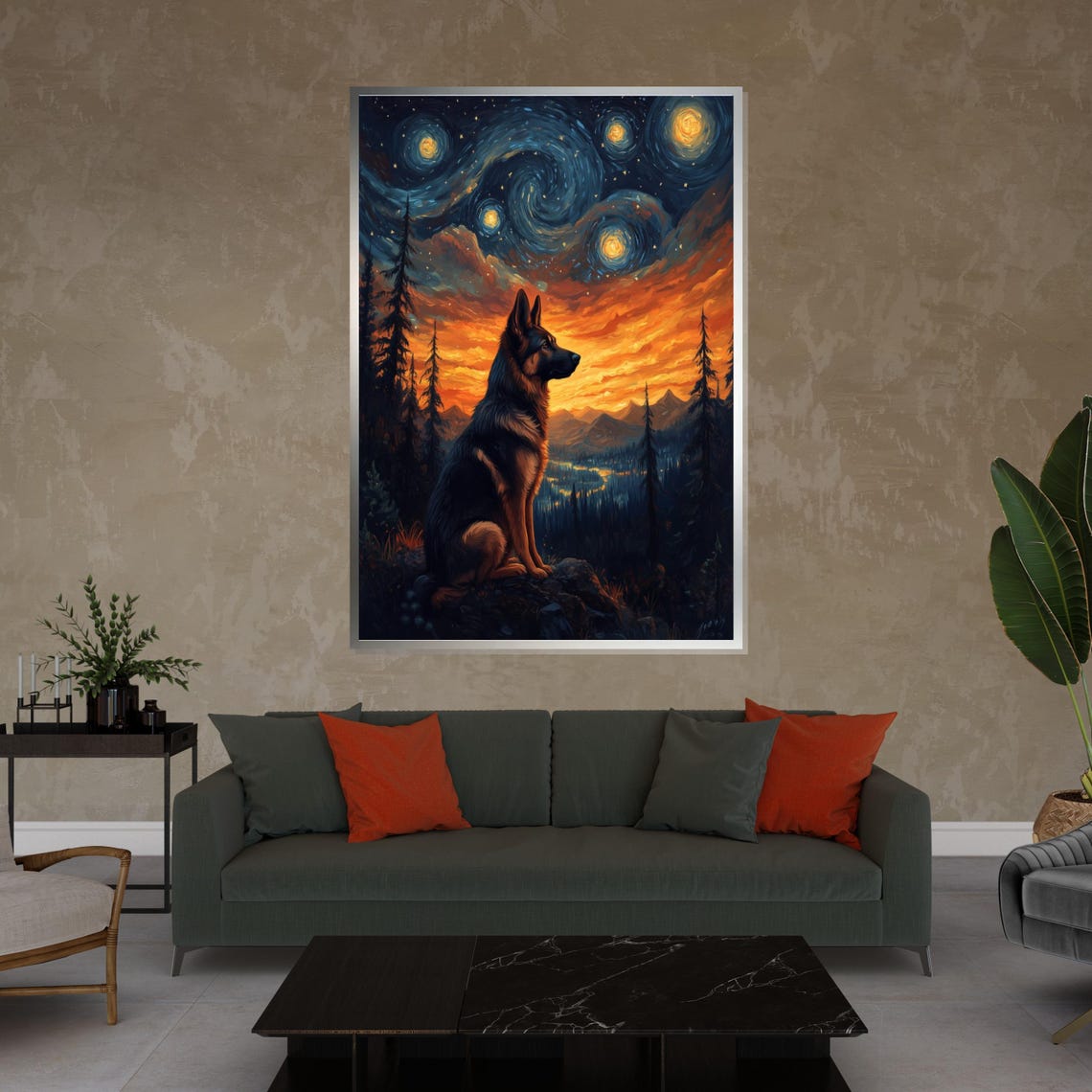 German Shepherd under Starry Night Sky Mountain Landscape Art Poster - Image 4