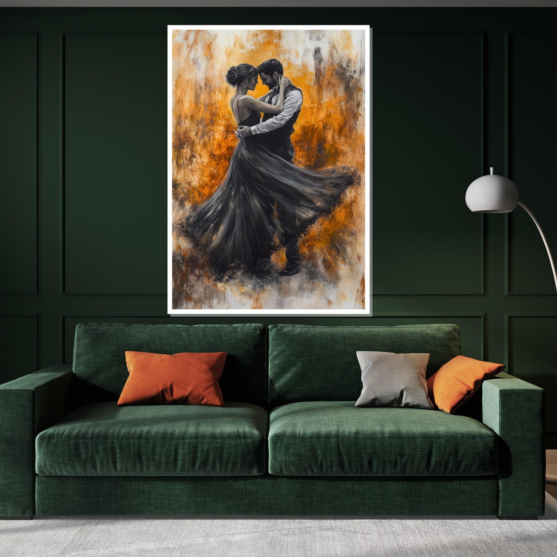 Romantic Dance Couple Black Gown Fiery Orange Canvas Art Poster - Image 3