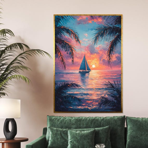 Sunset Sail Ocean Art Tropical Seascape Wall Art Beach Sunset Wall Art Design Ready To Hang Decor