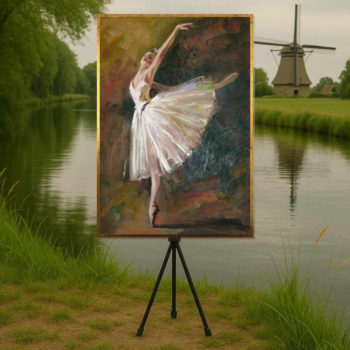 Graceful Ballet Dancer Oil Painting White Tutu Portrait Art Poster