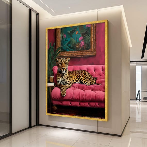 Leopard On Pink Sofa Canvas Print Bold Jungle Wall Art Elegant Animal Decor Ready To Hang Glam Decoration