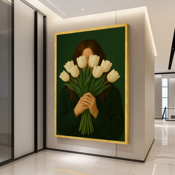 White Tulip Portrait Canvas Print Modern Minimalist Wall Art Elegant Floral Decor Ready To Hang