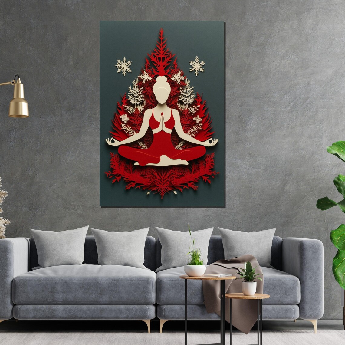 Red Meditating Woman Silhouette Paper Cut Style Yoga Art Poster - Image 2