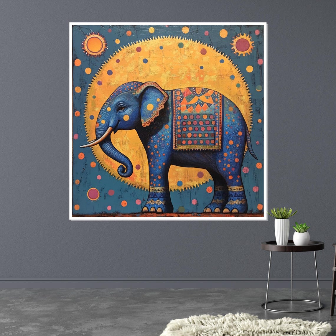 Blue Decorative Elephant Gold Sun Folk Art Vibrant Animal Poster - Image 3