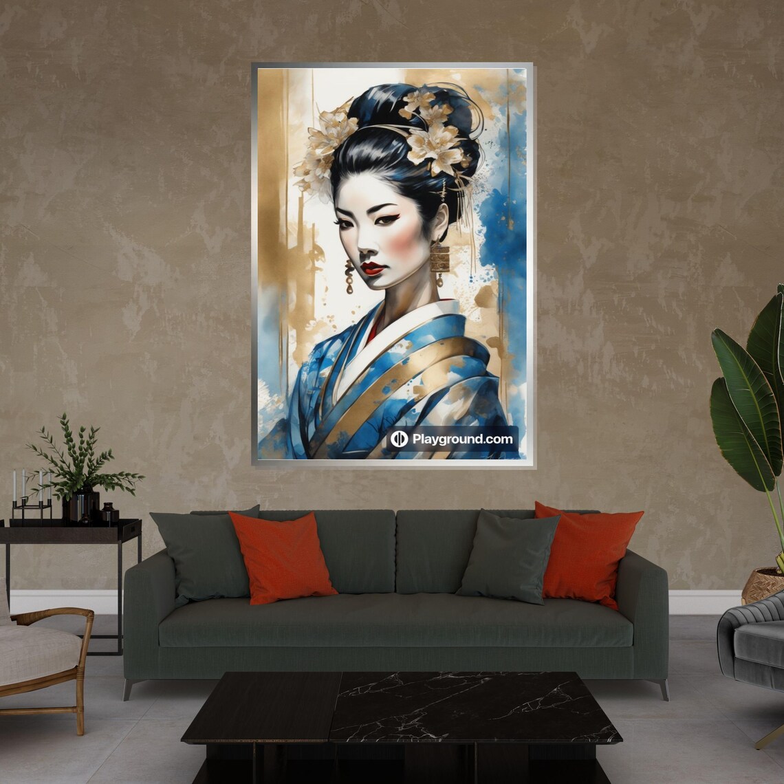 Elegant Geisha Blue Kimono Golden Floral Graceful Portrait Art Poster - Image 4