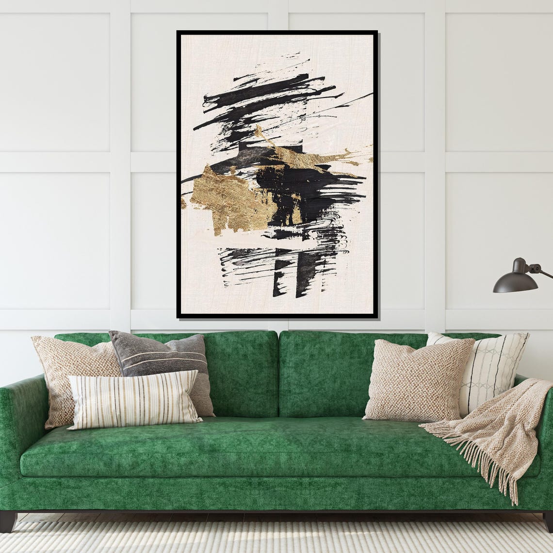 Dramatic Black Gold Brushstrokes White Modern Abstract Print - Image 5