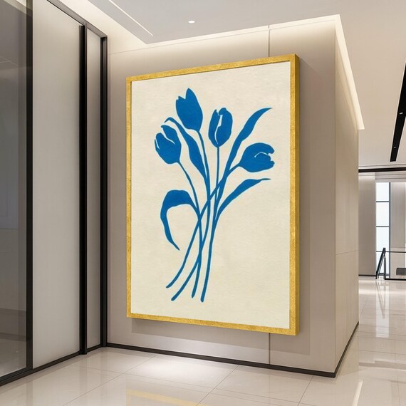 Blue Tulip Canvas Print Minimalist Floral Wall Art Modern Botanical Decor Ready To Hang