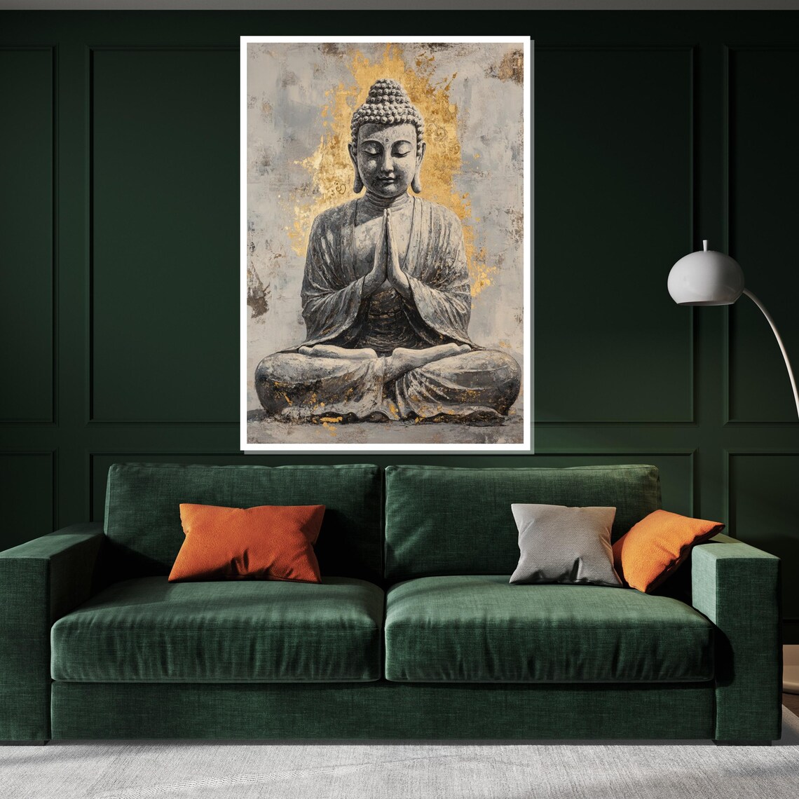 Monochrome Buddha Praying Hands Gold Halo Spiritual Art Poster - Image 3