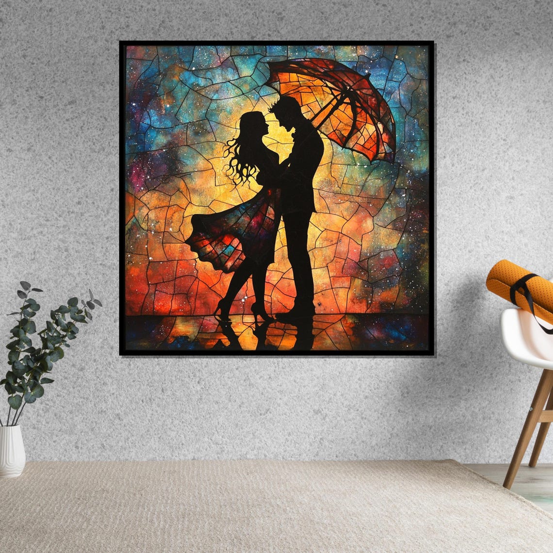 Romantic Couple Under Umbrella Vibrant Stained Glass Style Poster - Image 5