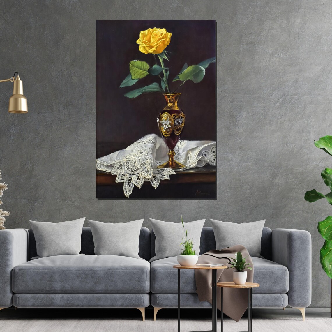 Yellow Rose In Ornate Gold Vase With Lace Classic Floral Wall Art - Image 2
