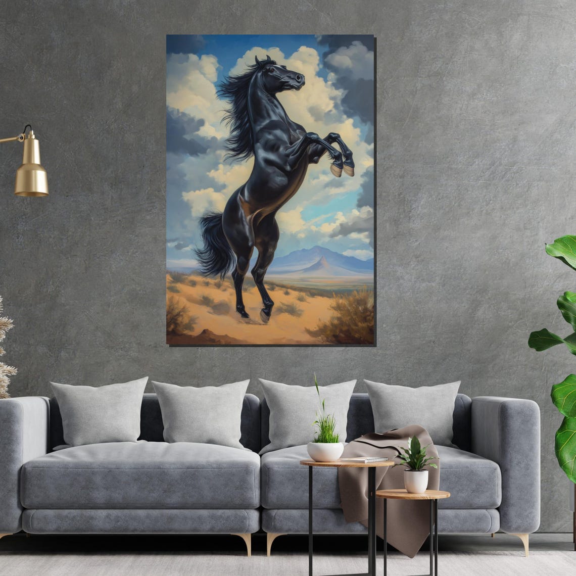 Black Stallion Rearing Desert Sunset Dramatic Equine Oil Art Poster - Image 2