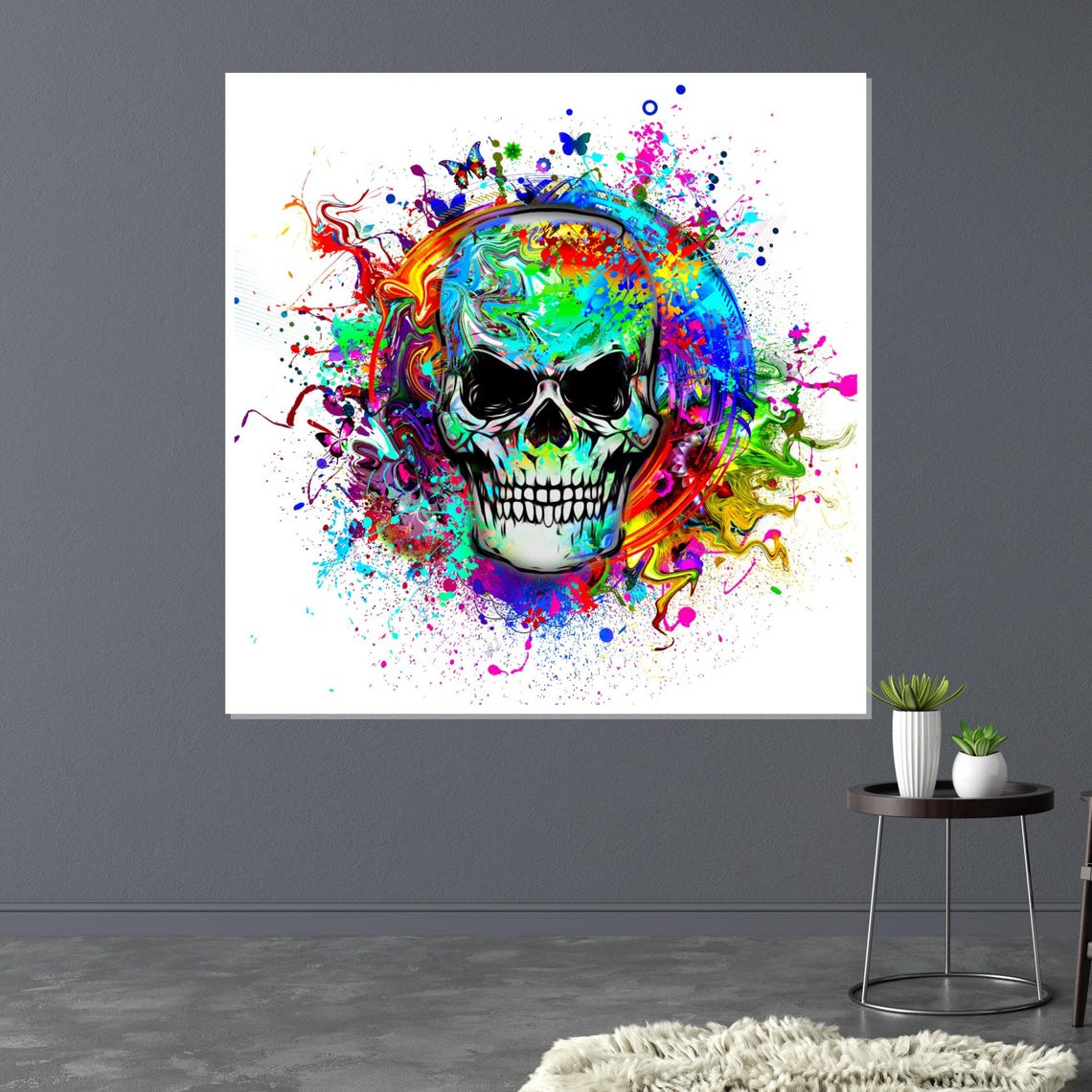 Colorful Paint Splash Skull Butterflies Neon Punk Pop Poster - Image 3