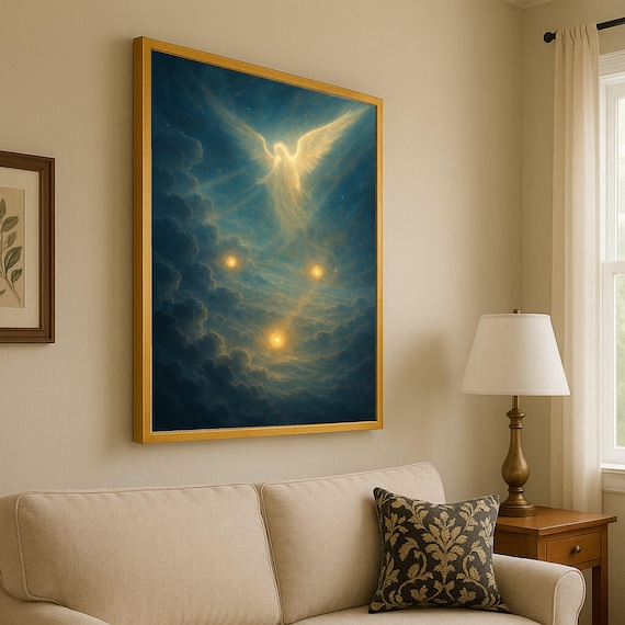 Ethereal Angel In Celestial Clouds Canvas Spiritual Wall Art Heavenly Light Painting Mystical Glow Decoration Divine Home Ready To Hang